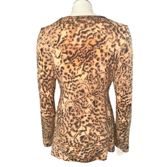 Dana Buchman Size M Brown Leopard Print Merino Wool Beaded Tunic Sweater Blouse - Picture 4 of 13